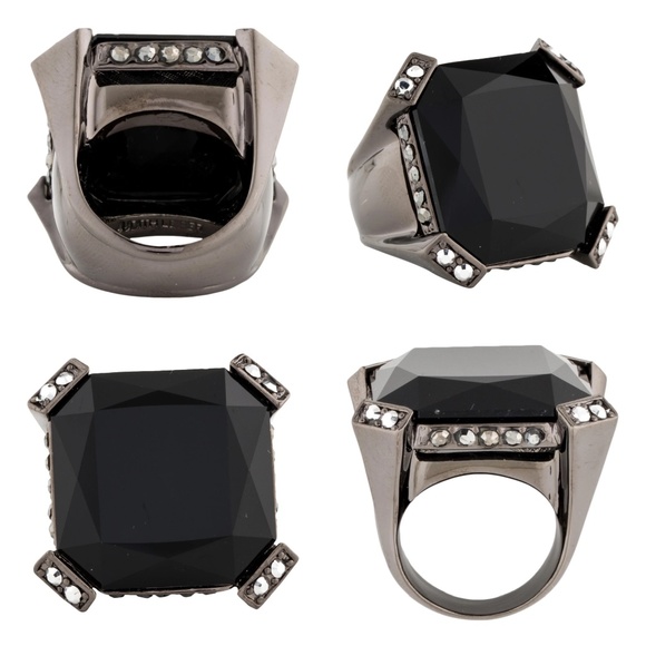 JUDITH LEIBER | Crystal Christo Cocktail Ring | Obsidian & Gunmetal | size 7 - Picture 1 of 14